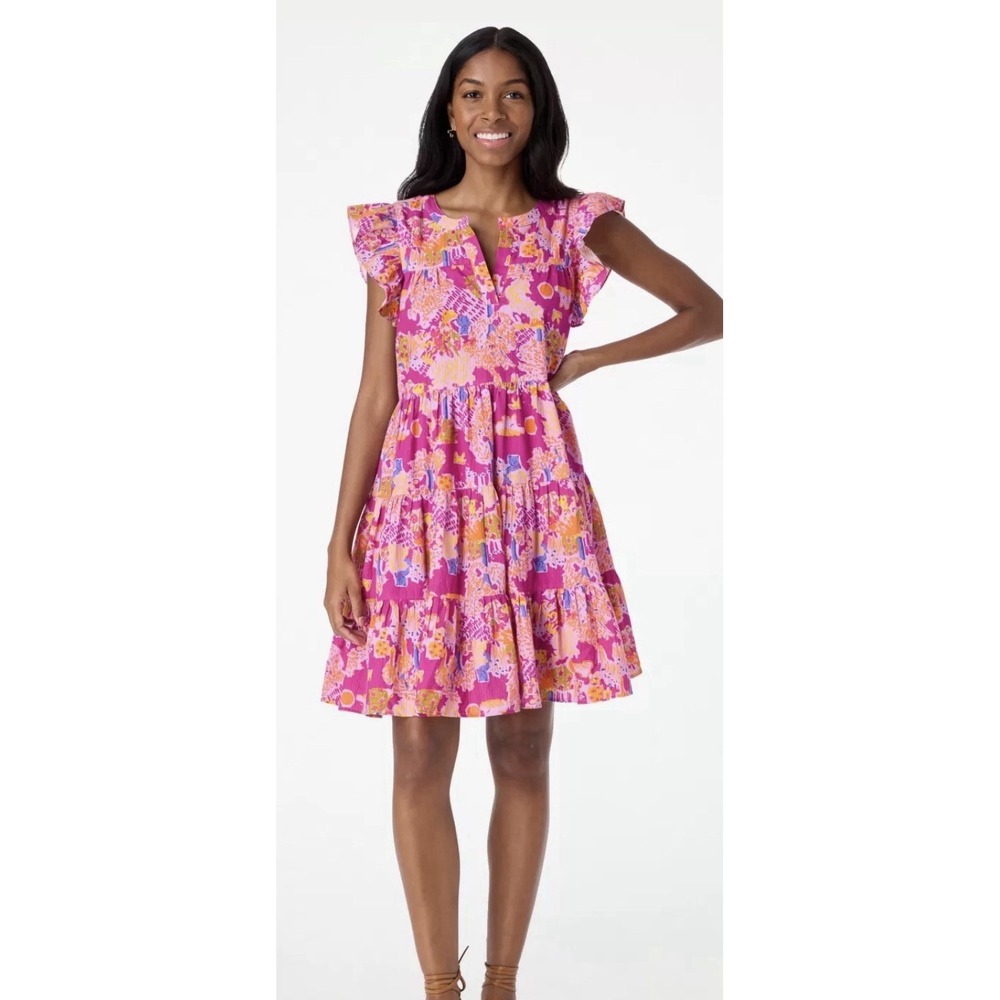 Roller Rabbit Genevieve Scenic Pippa Dress Pink Multicolor Tiered Mini Sz-M 198$